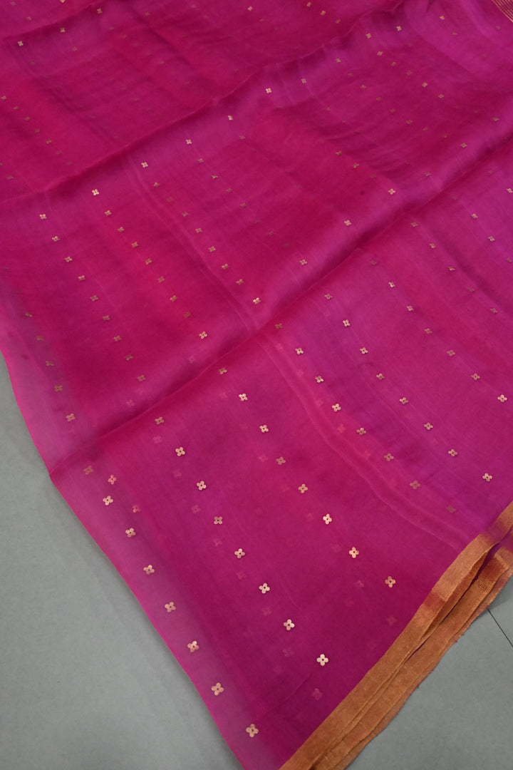 Rani Pink Matka Muslin Silk Saree with Pocket Sequins and Minimal Zari Border | SILK MARK CERTIFIED | SHOBITAM