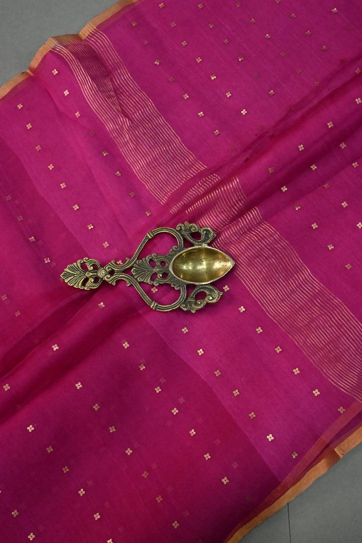 Rani Pink Matka Muslin Silk Saree with Pocket Sequins and Minimal Zari Border | SILK MARK CERTIFIED | SHOBITAM