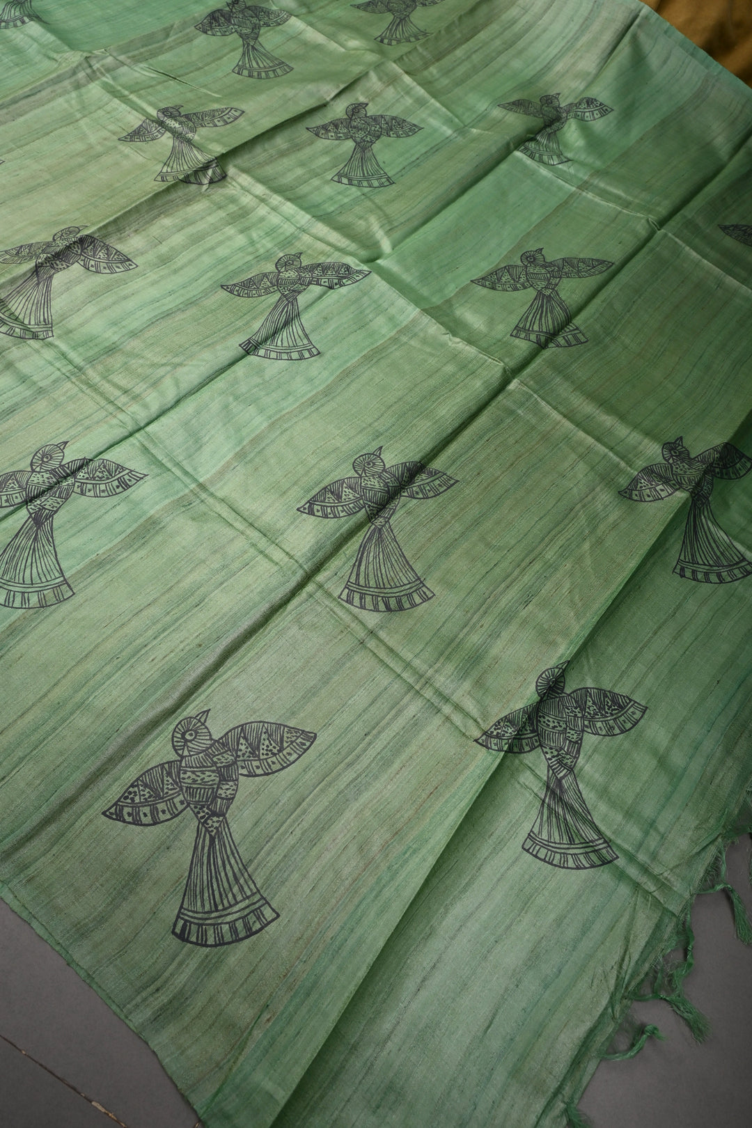 Green Madhubani hand Drawing on  Tussar Silk Saree | SILK MARK CERTIFIED | SHOBITAM