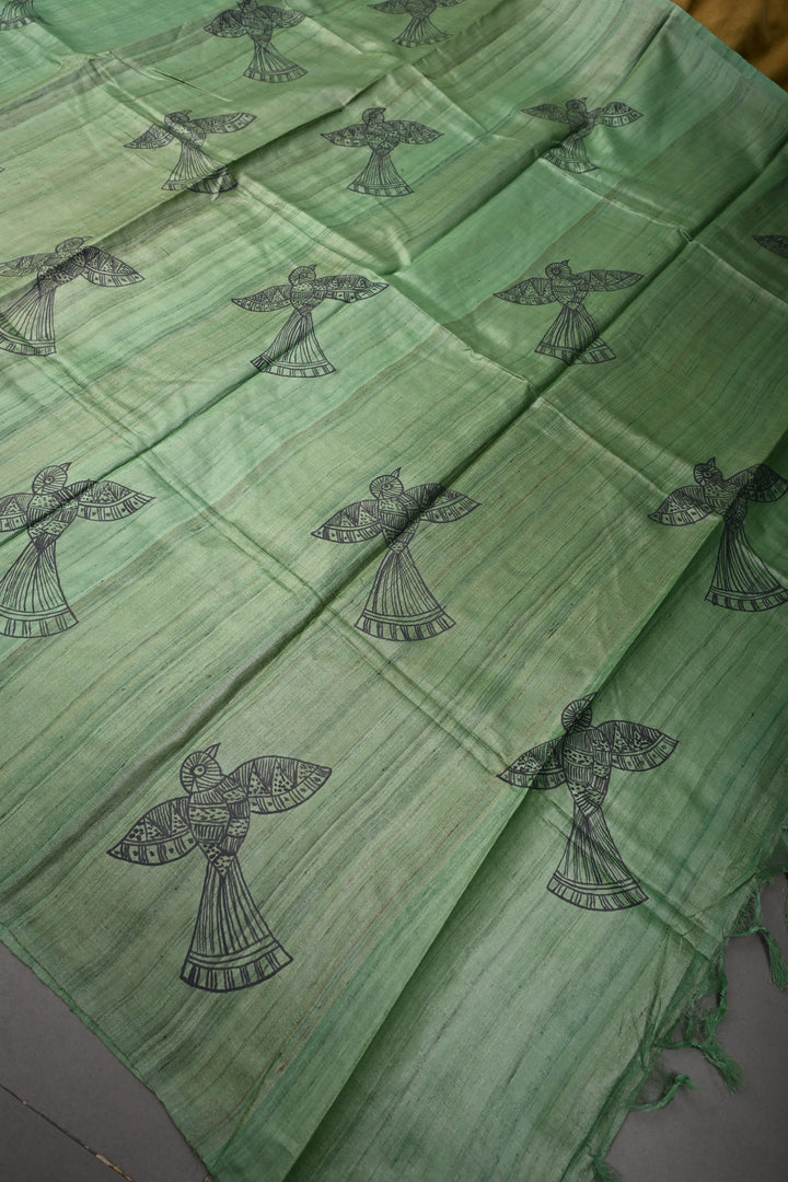 Green Madhubani hand Drawing on  Tussar Silk Saree | SILK MARK CERTIFIED | SHOBITAM