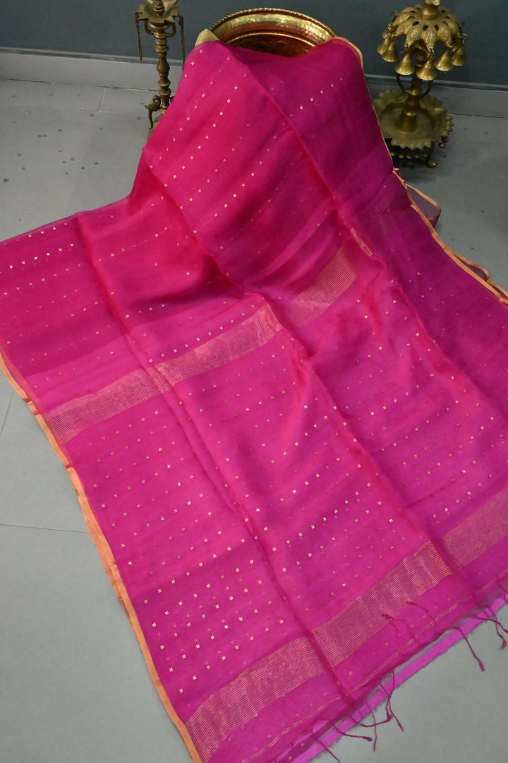 Rani Pink Matka Muslin Silk Saree with Pocket Sequins and Minimal Zari Border | SILK MARK CERTIFIED | SHOBITAM