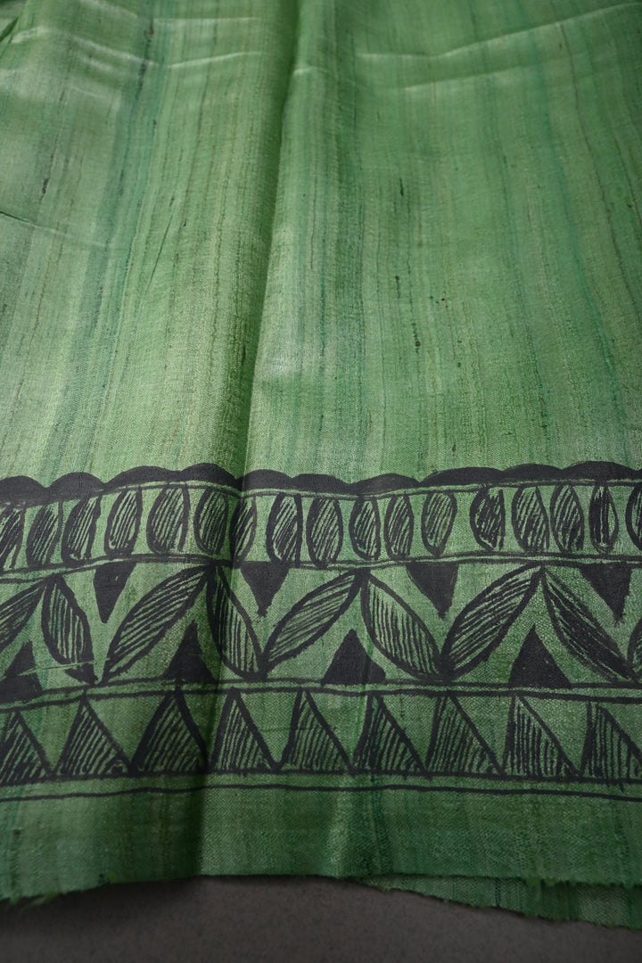 Green Madhubani hand Drawing on  Tussar Silk Saree | SILK MARK CERTIFIED | SHOBITAM