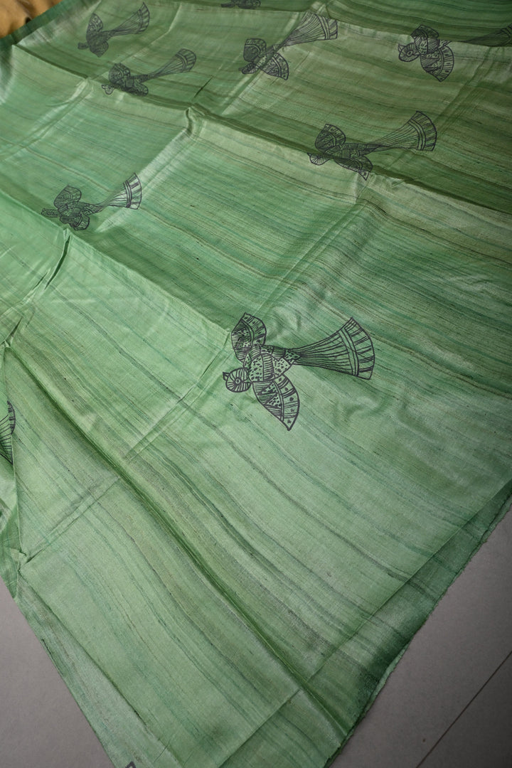 Green Madhubani hand Drawing on  Tussar Silk Saree | SILK MARK CERTIFIED | SHOBITAM