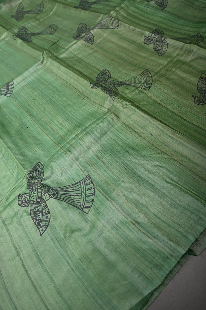 Green Madhubani hand Drawing on  Tussar Silk Saree | SILK MARK CERTIFIED | SHOBITAM