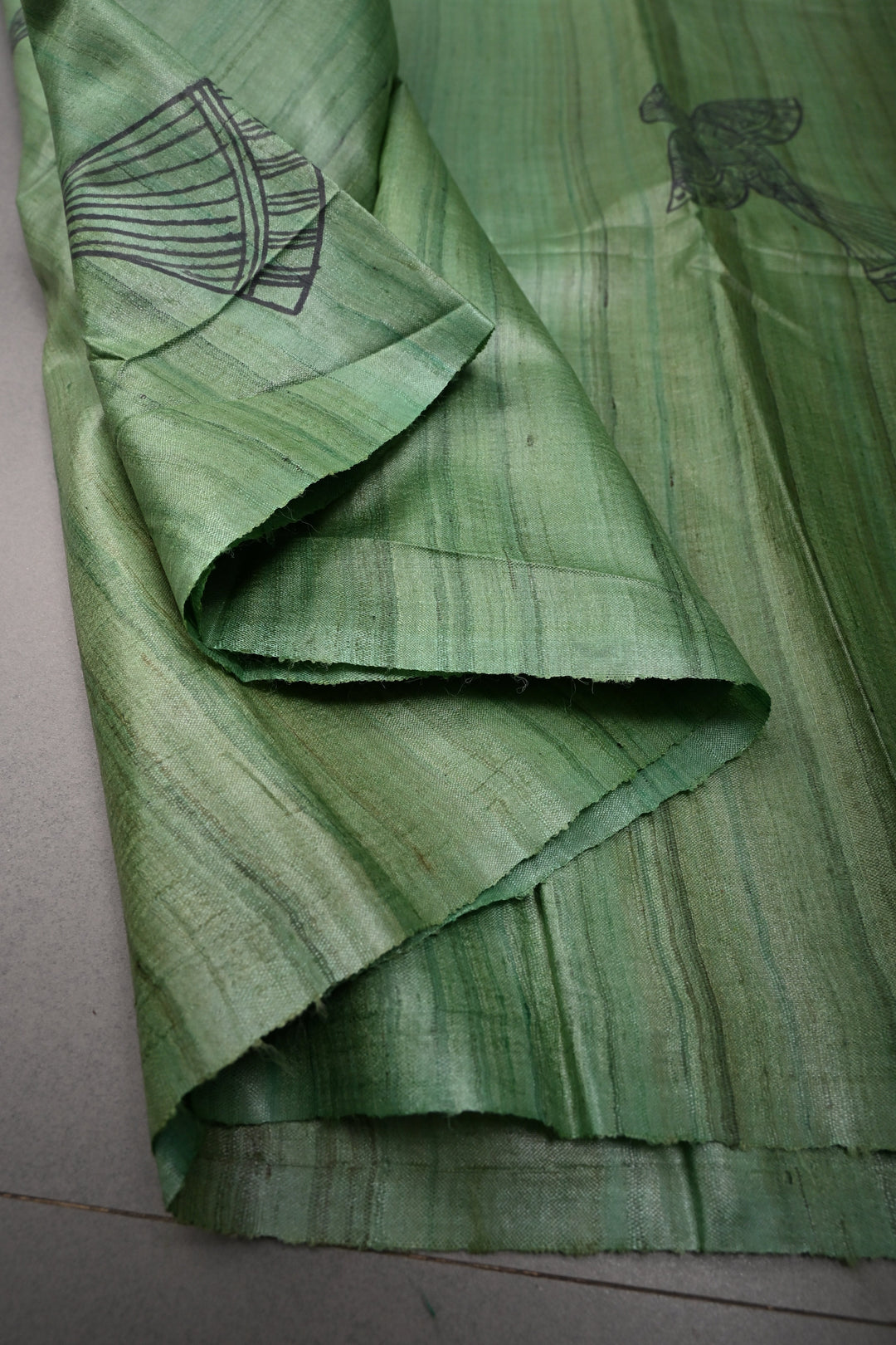 Green Madhubani hand Drawing on  Tussar Silk Saree | SILK MARK CERTIFIED | SHOBITAM