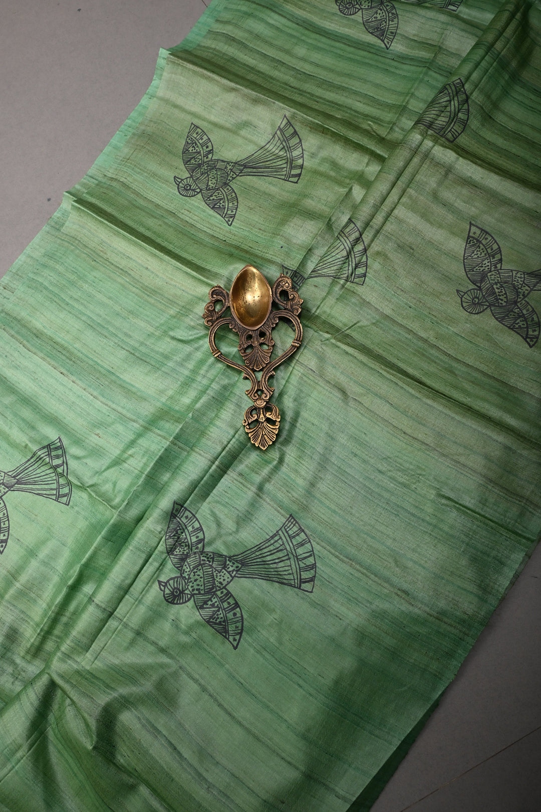Green Madhubani hand Drawing on  Tussar Silk Saree | SILK MARK CERTIFIED | SHOBITAM