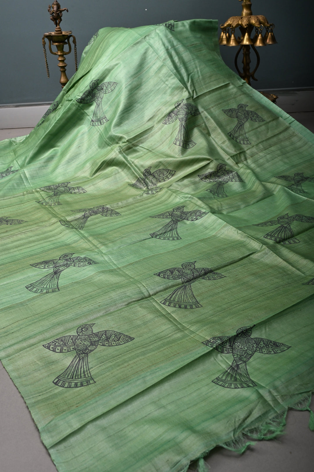 Green Madhubani hand Drawing on  Tussar Silk Saree | SILK MARK CERTIFIED | SHOBITAM