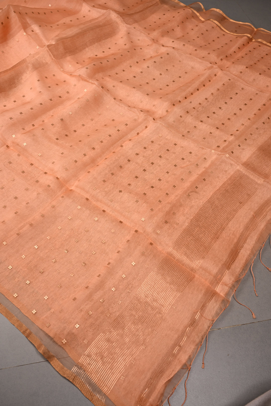 Salmon Peach Matka Muslin Silk Saree with Pocket Sequins and Minimal Zari Border | SILK MARK CERTIFIED | SHOBITAM