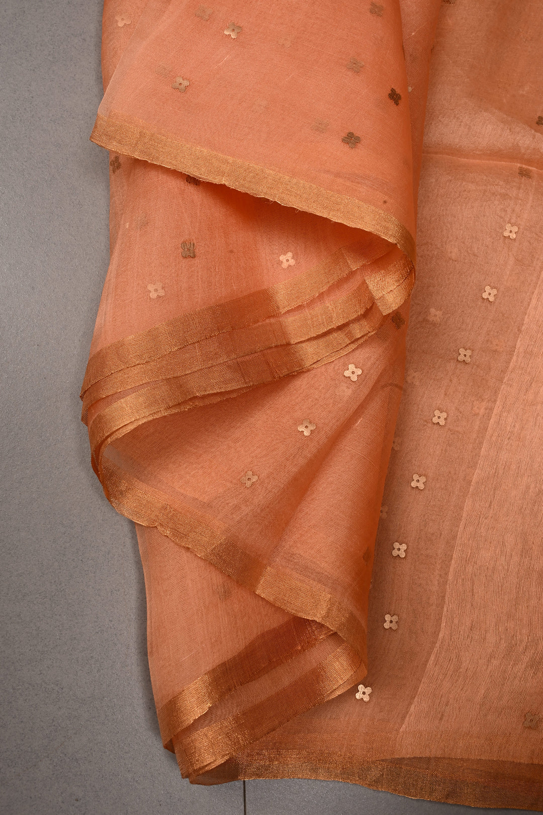 Salmon Peach Matka Muslin Silk Saree with Pocket Sequins and Minimal Zari Border | SILK MARK CERTIFIED | SHOBITAM