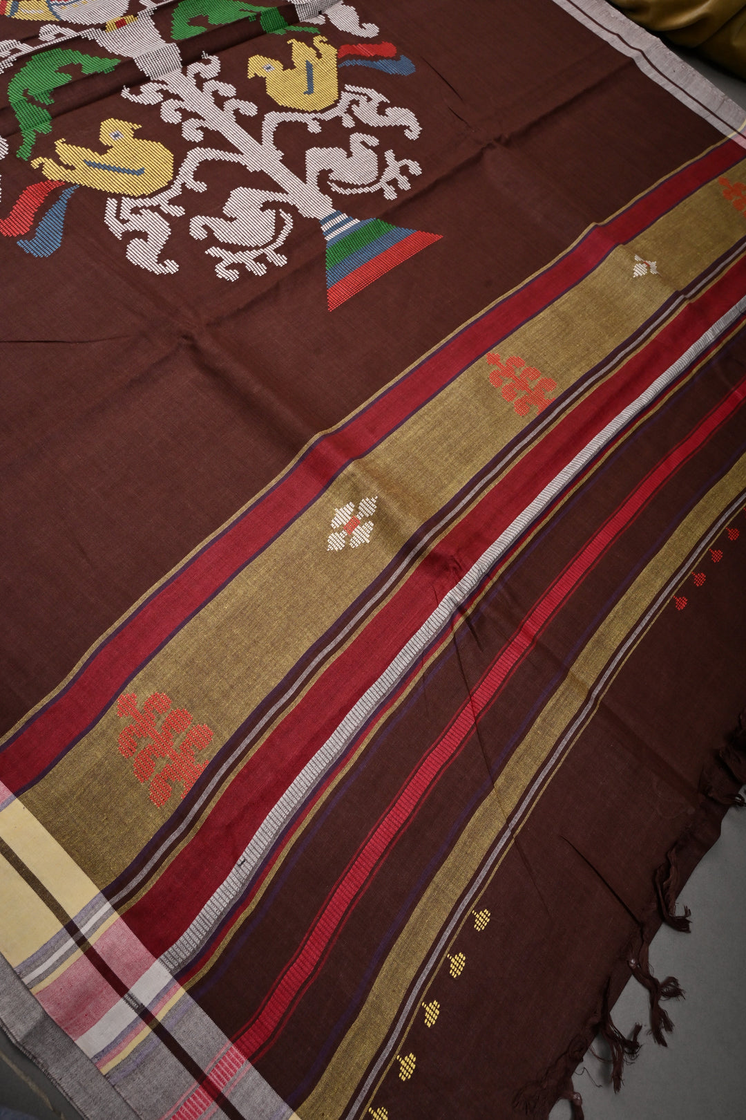 Coffee Brown Bhujodi Kala Cotton Saree with Thread Buttas and Meenakari Tree of Life Pallu | SHOBITAM