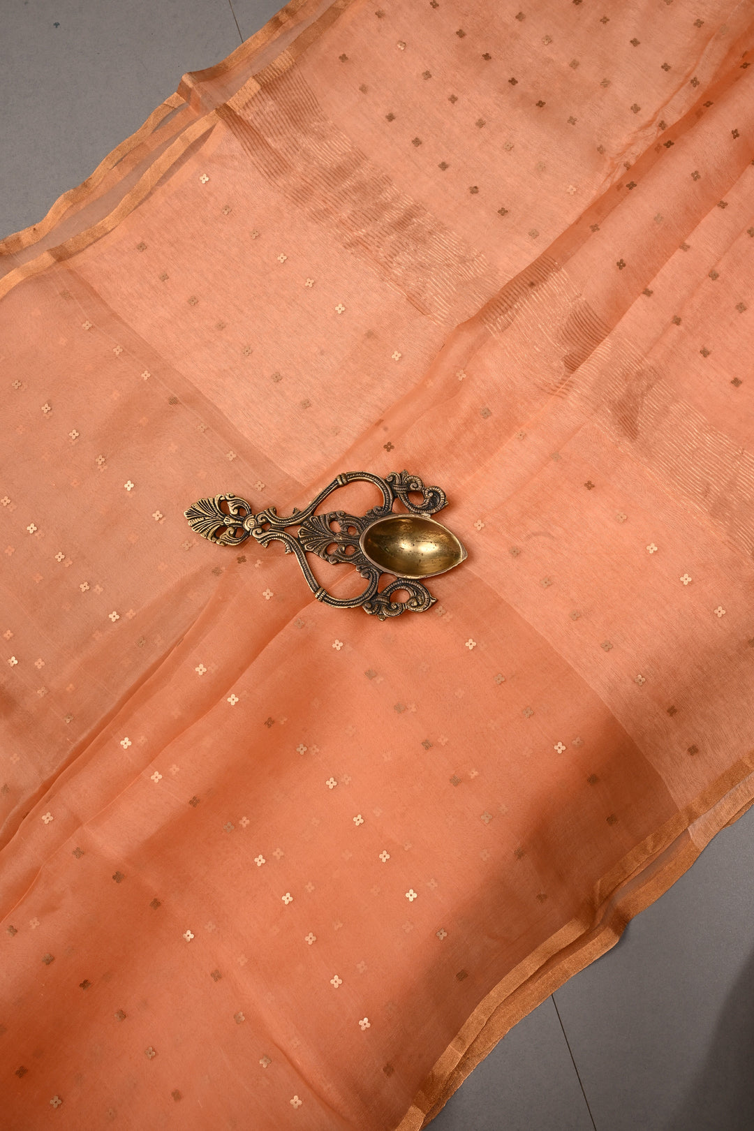 Salmon Peach Matka Muslin Silk Saree with Pocket Sequins and Minimal Zari Border | SILK MARK CERTIFIED | SHOBITAM
