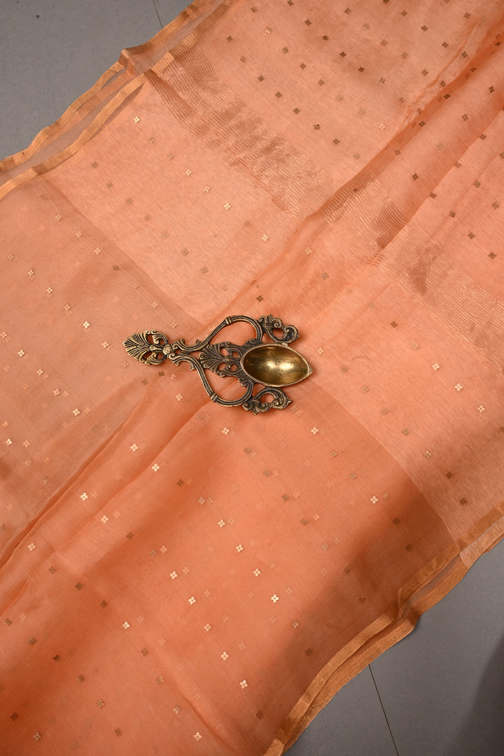 Salmon Peach Matka Muslin Silk Saree with Pocket Sequins and Minimal Zari Border | SILK MARK CERTIFIED | SHOBITAM