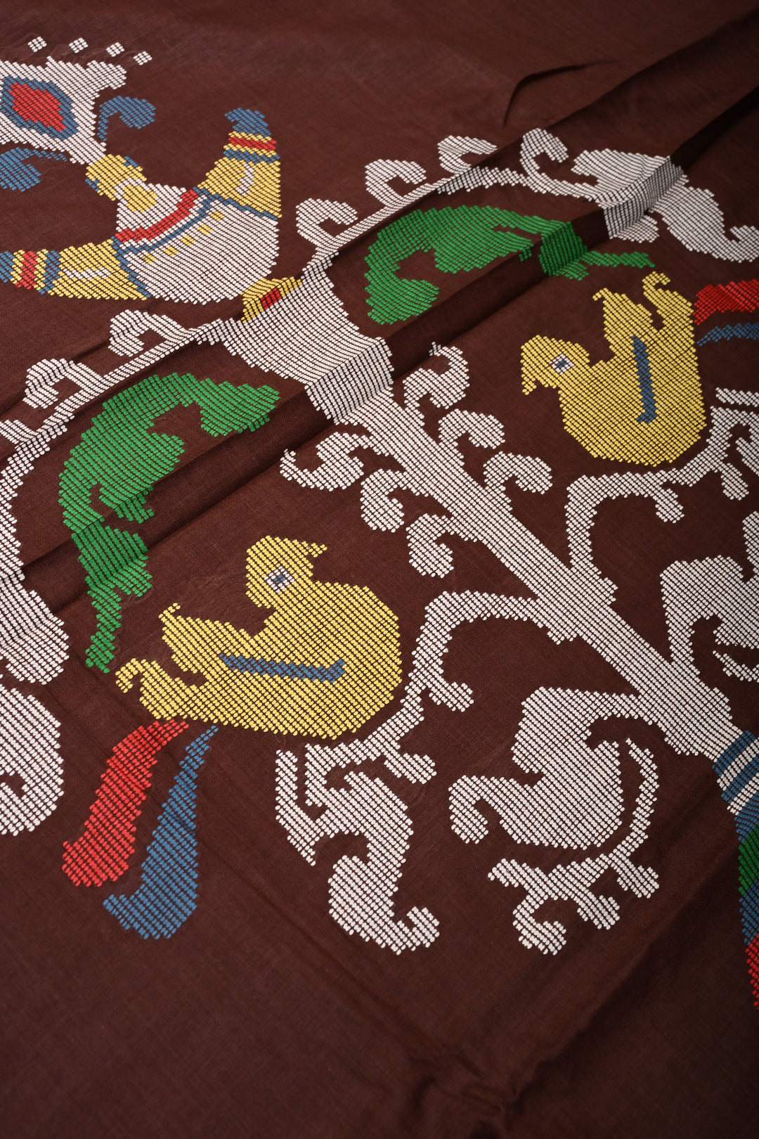 Coffee Brown Bhujodi Kala Cotton Saree with Thread Buttas and Meenakari Tree of Life Pallu | SHOBITAM