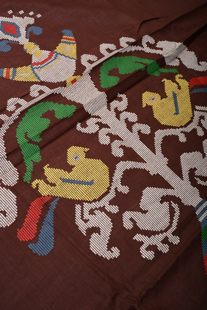 Coffee Brown Bhujodi Kala Cotton Saree with Thread Buttas and Meenakari Tree of Life Pallu | SHOBITAM