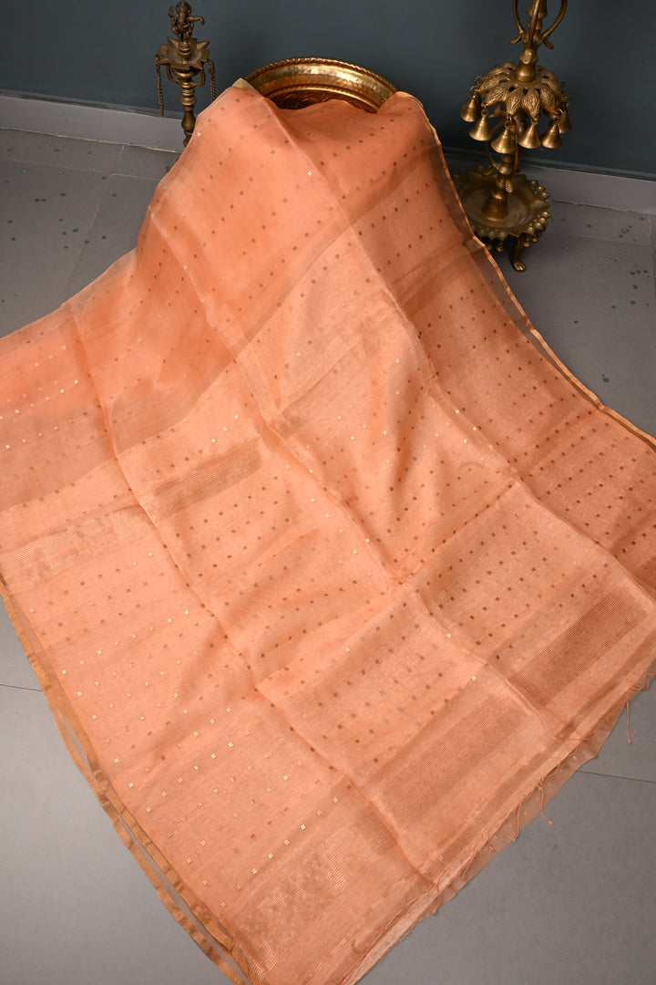 Salmon Peach Matka Muslin Silk Saree with Pocket Sequins and Minimal Zari Border | SILK MARK CERTIFIED | SHOBITAM