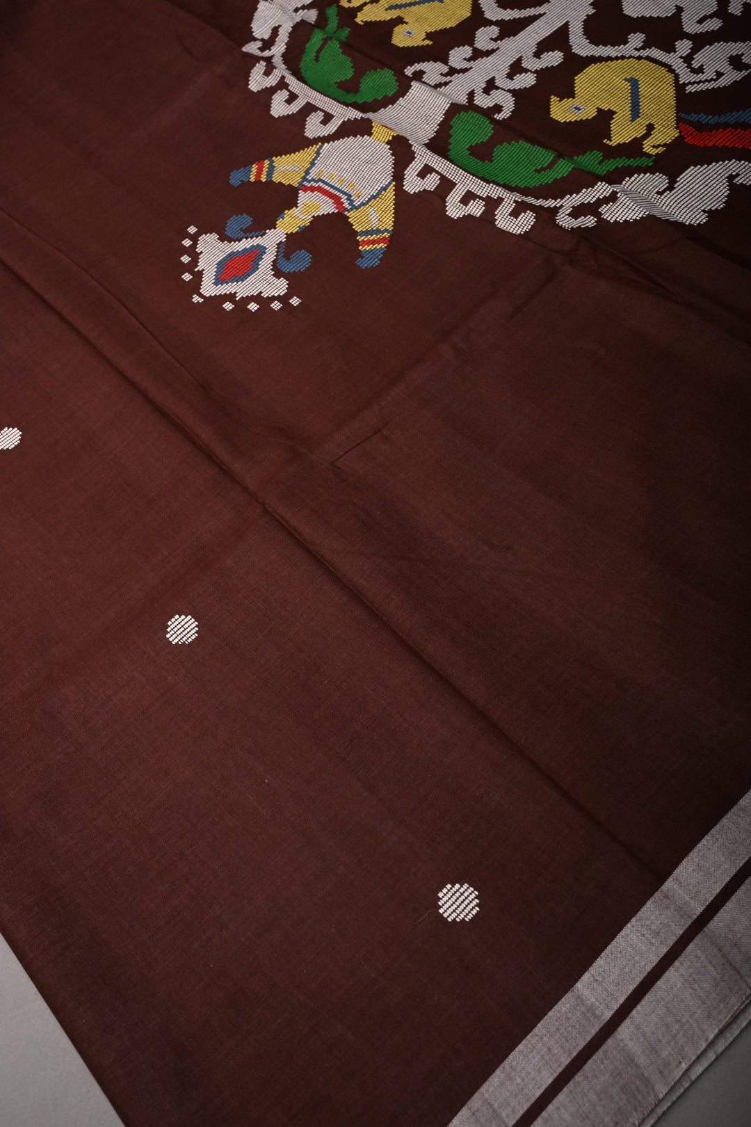Coffee Brown Bhujodi Kala Cotton Saree with Thread Buttas and Meenakari Tree of Life Pallu | SHOBITAM