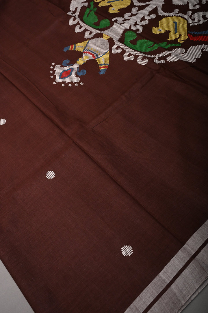 Coffee Brown Bhujodi Kala Cotton Saree with Thread Buttas and Meenakari Tree of Life Pallu | SHOBITAM