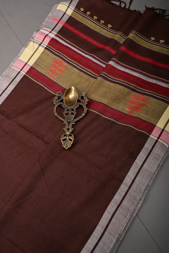 Coffee Brown Bhujodi Kala Cotton Saree with Thread Buttas and Meenakari Tree of Life Pallu | SHOBITAM