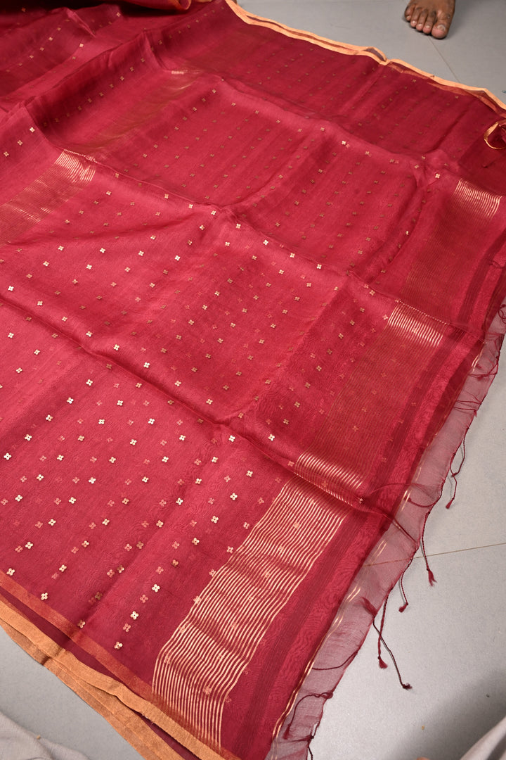 Rose Red Matka Muslin Silk Saree with Pocket Sequins and Minimal Zari Border | SILK MARK CERTIFIED | SHOBITAM