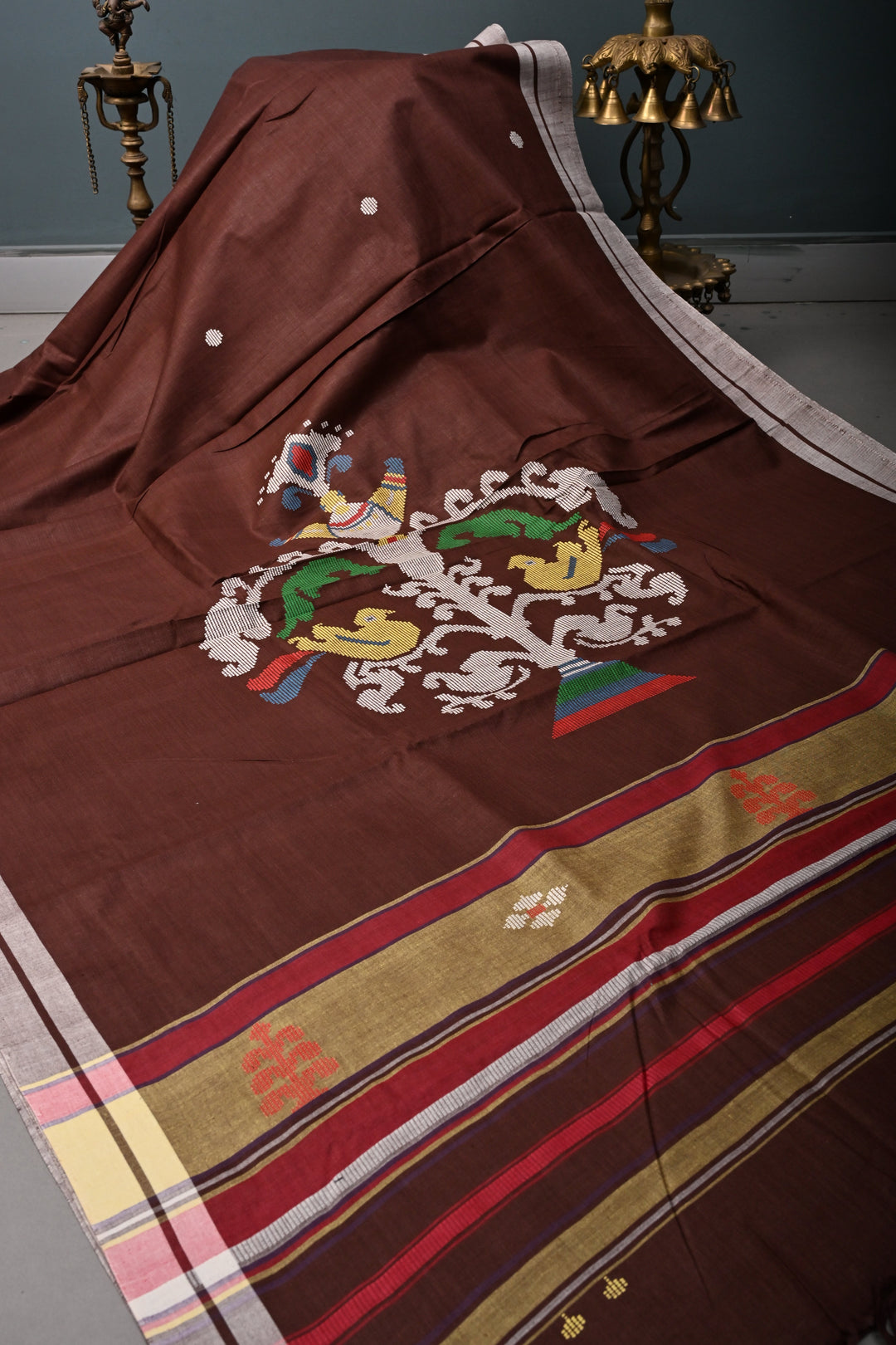 Coffee Brown Bhujodi Kala Cotton Saree with Thread Buttas and Meenakari Tree of Life Pallu | SHOBITAM