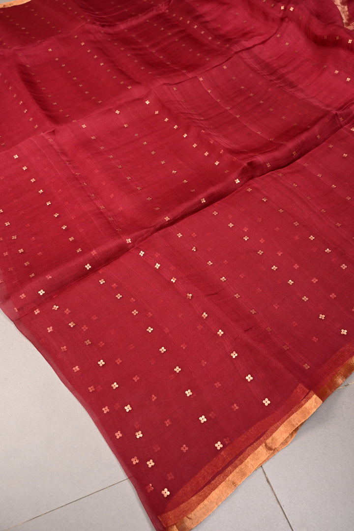 Rose Red Matka Muslin Silk Saree with Pocket Sequins and Minimal Zari Border | SILK MARK CERTIFIED | SHOBITAM