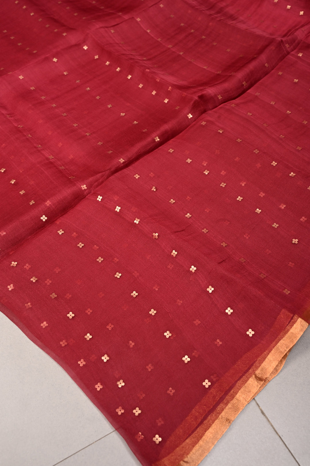 Rose Red Matka Muslin Silk Saree with Pocket Sequins and Minimal Zari Border | SILK MARK CERTIFIED | SHOBITAM