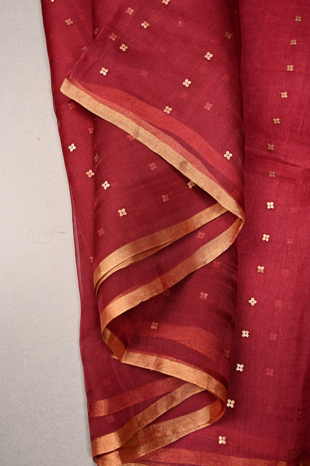 Rose Red Matka Muslin Silk Saree with Pocket Sequins and Minimal Zari Border | SILK MARK CERTIFIED | SHOBITAM