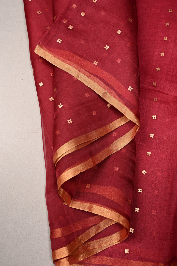 Rose Red Matka Muslin Silk Saree with Pocket Sequins and Minimal Zari Border | SILK MARK CERTIFIED | SHOBITAM