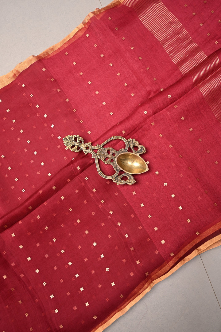 Rose Red Matka Muslin Silk Saree with Pocket Sequins and Minimal Zari Border | SILK MARK CERTIFIED | SHOBITAM