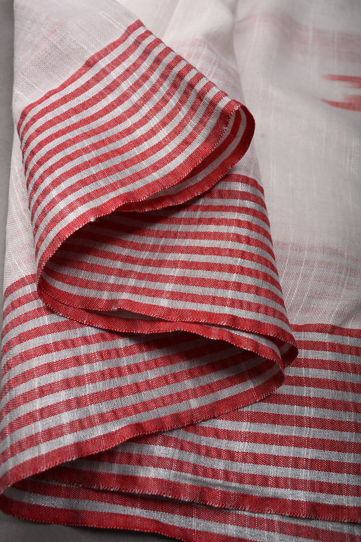 White Slub Cotton Saree with Muted Striped Zari Border   | SHOBITAM