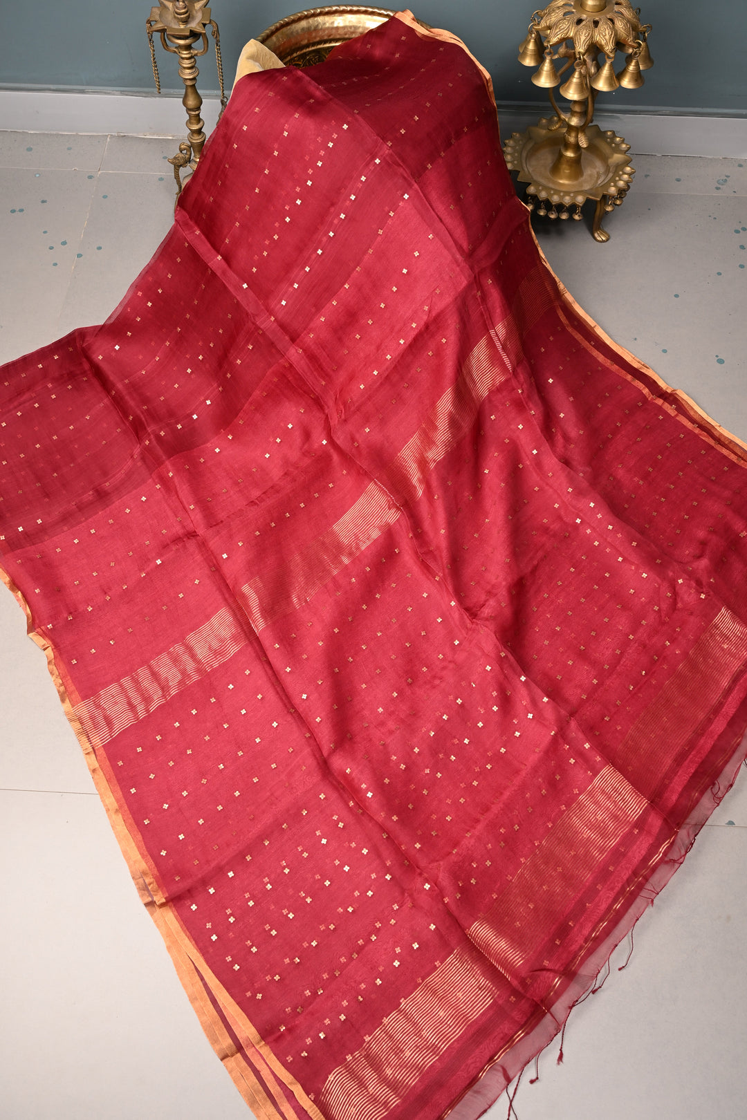 Rose Red Matka Muslin Silk Saree with Pocket Sequins and Minimal Zari Border | SILK MARK CERTIFIED | SHOBITAM