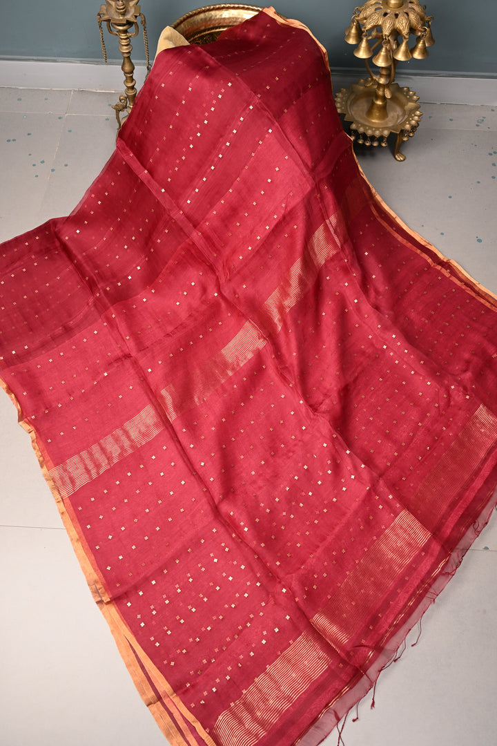 Rose Red Matka Muslin Silk Saree with Pocket Sequins and Minimal Zari Border | SILK MARK CERTIFIED | SHOBITAM