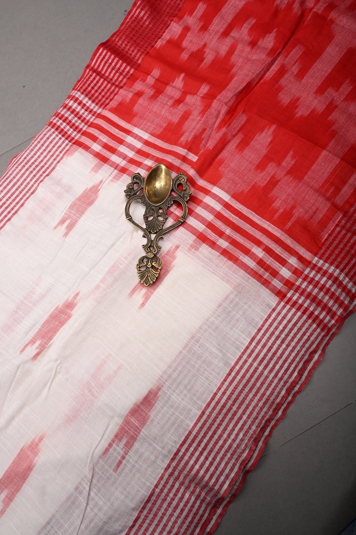 White Slub Cotton Saree with Muted Striped Zari Border   | SHOBITAM