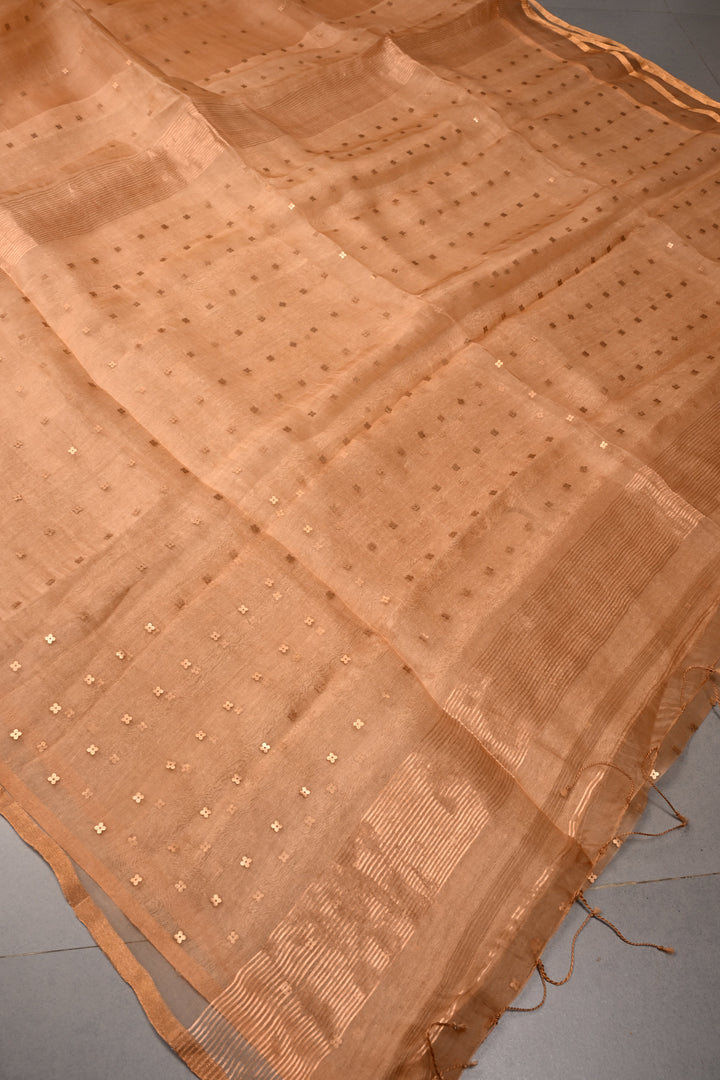 Sandstone Matka Muslin Silk Saree with Pocket Sequins and Minimal Zari Border | SILK MARK CERTIFIED | SHOBITAM