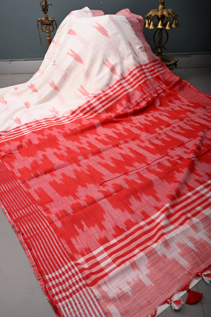White Slub Cotton Saree with Muted Striped Zari Border   | SHOBITAM