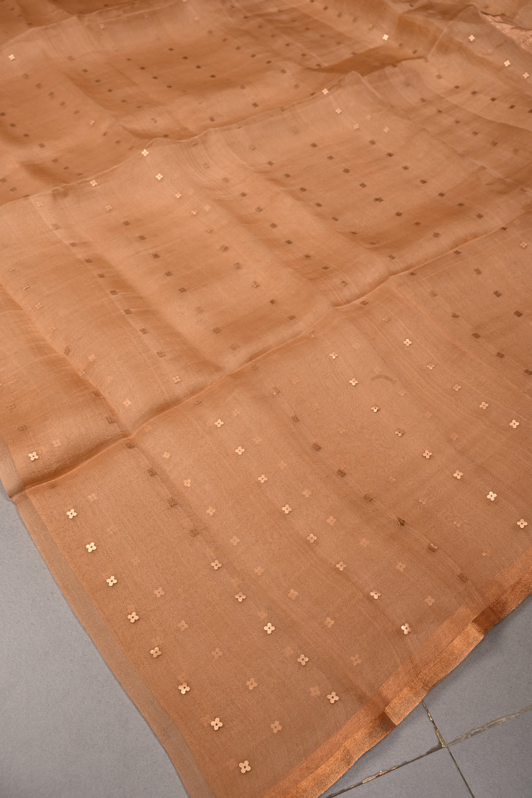 Sandstone Matka Muslin Silk Saree with Pocket Sequins and Minimal Zari Border | SILK MARK CERTIFIED | SHOBITAM