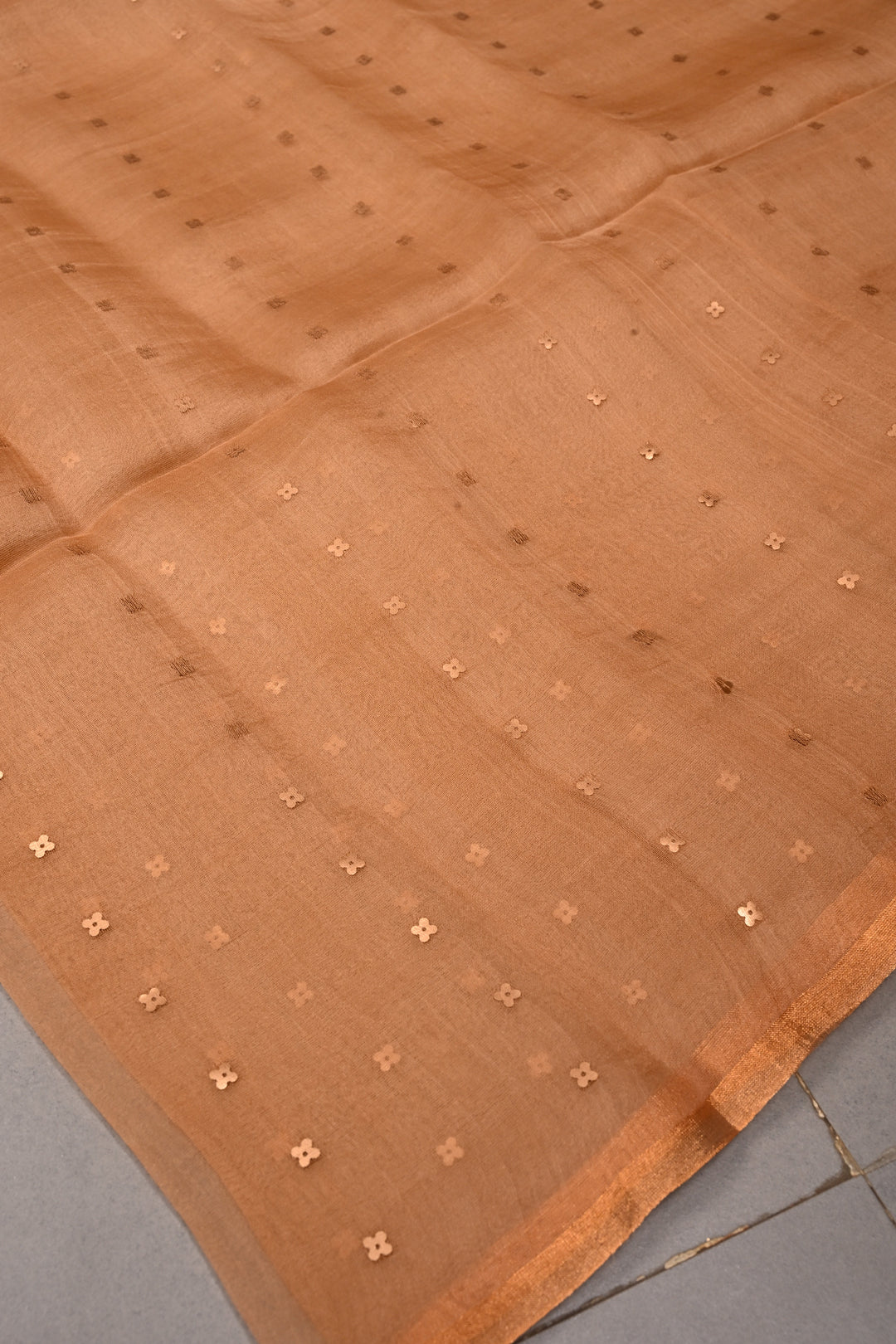 Sandstone Matka Muslin Silk Saree with Pocket Sequins and Minimal Zari Border | SILK MARK CERTIFIED | SHOBITAM