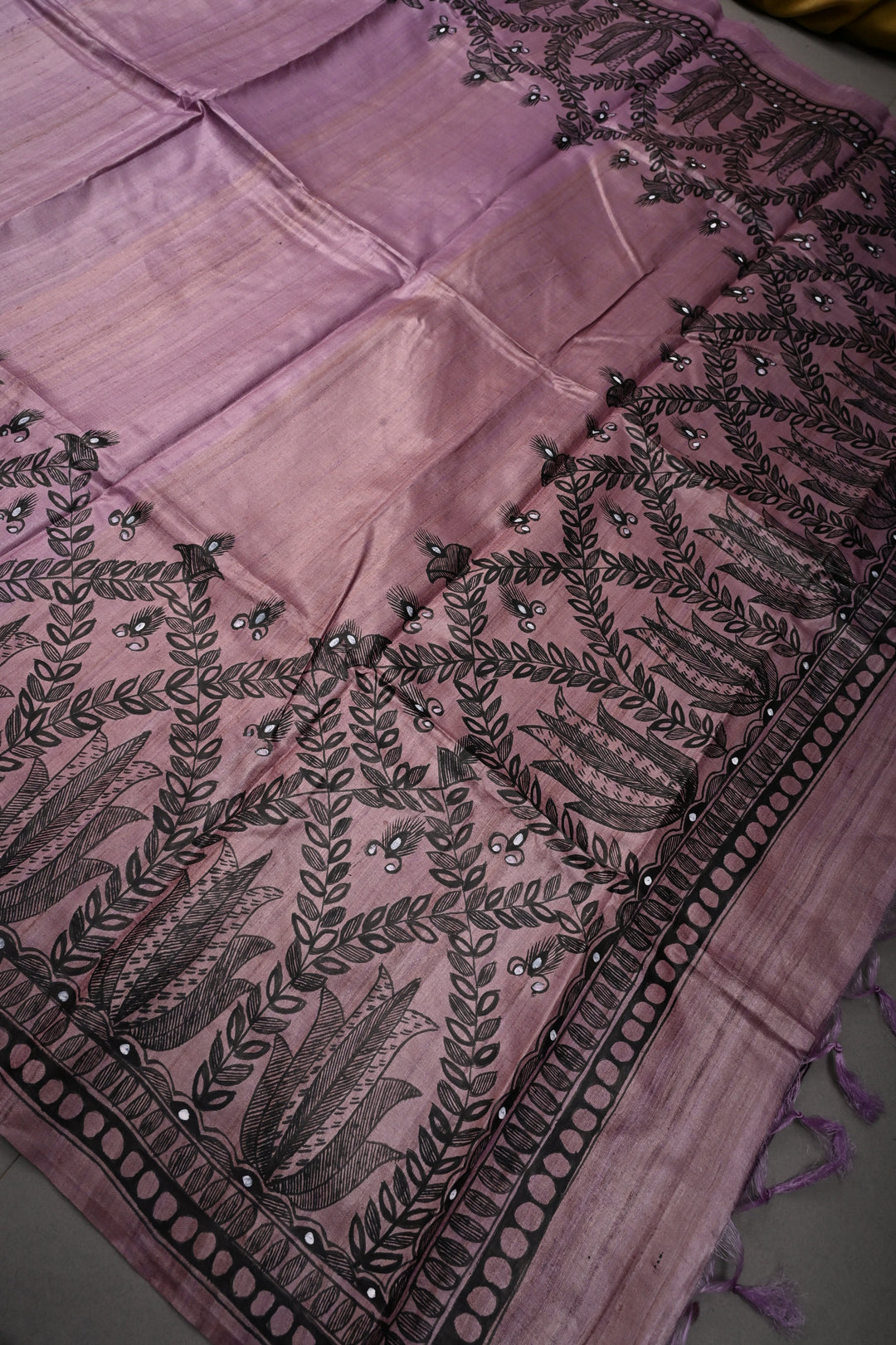 Blush Lavender Handloom Tussar Hand Painted Madhubani Silk Saree with Border   | SILK MARK CERTIFIED | SHOBITAM