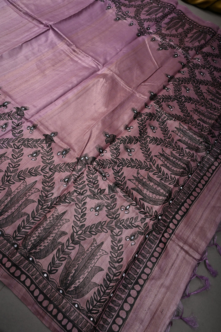 Blush Lavender Handloom Tussar Hand Painted Madhubani Silk Saree with Border   | SILK MARK CERTIFIED | SHOBITAM
