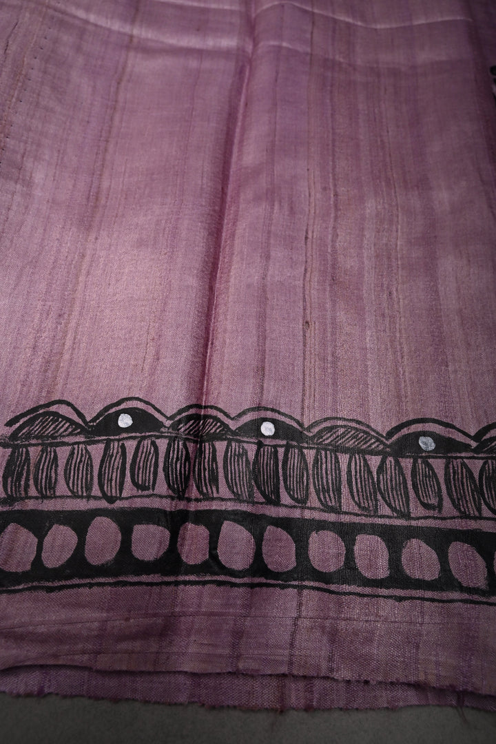 Blush Lavender Handloom Tussar Hand Painted Madhubani Silk Saree with Border   | SILK MARK CERTIFIED | SHOBITAM