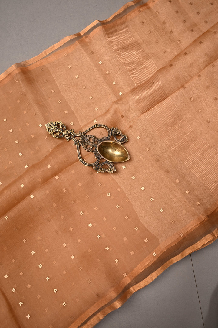 Sandstone Matka Muslin Silk Saree with Pocket Sequins and Minimal Zari Border | SILK MARK CERTIFIED | SHOBITAM