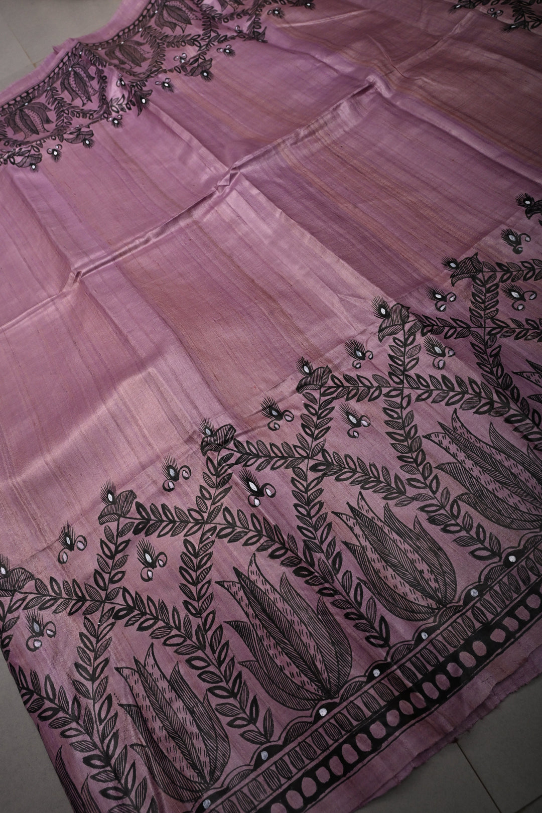Blush Lavender Handloom Tussar Hand Painted Madhubani Silk Saree with Border   | SILK MARK CERTIFIED | SHOBITAM