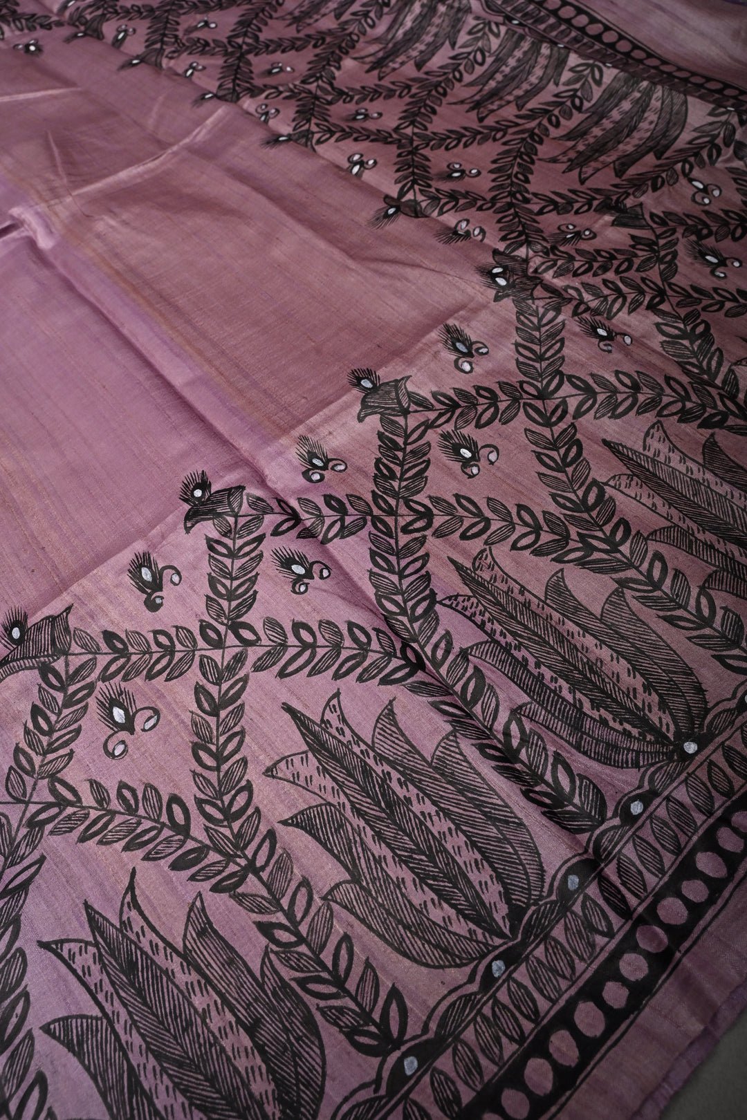 Blush Lavender Handloom Tussar Hand Painted Madhubani Silk Saree with Border   | SILK MARK CERTIFIED | SHOBITAM