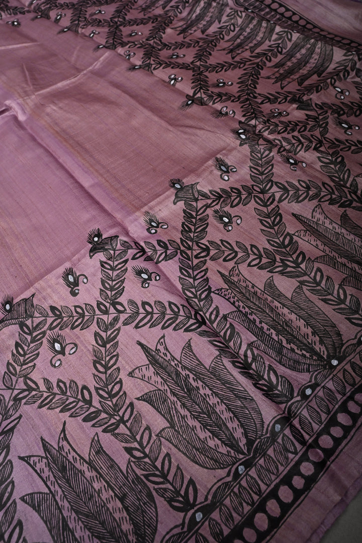 Blush Lavender Handloom Tussar Hand Painted Madhubani Silk Saree with Border   | SILK MARK CERTIFIED | SHOBITAM