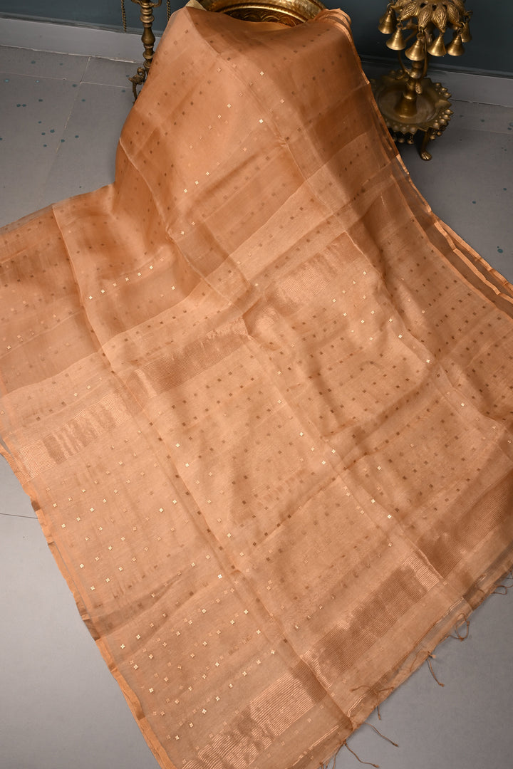 Sandstone Matka Muslin Silk Saree with Pocket Sequins and Minimal Zari Border | SILK MARK CERTIFIED | SHOBITAM