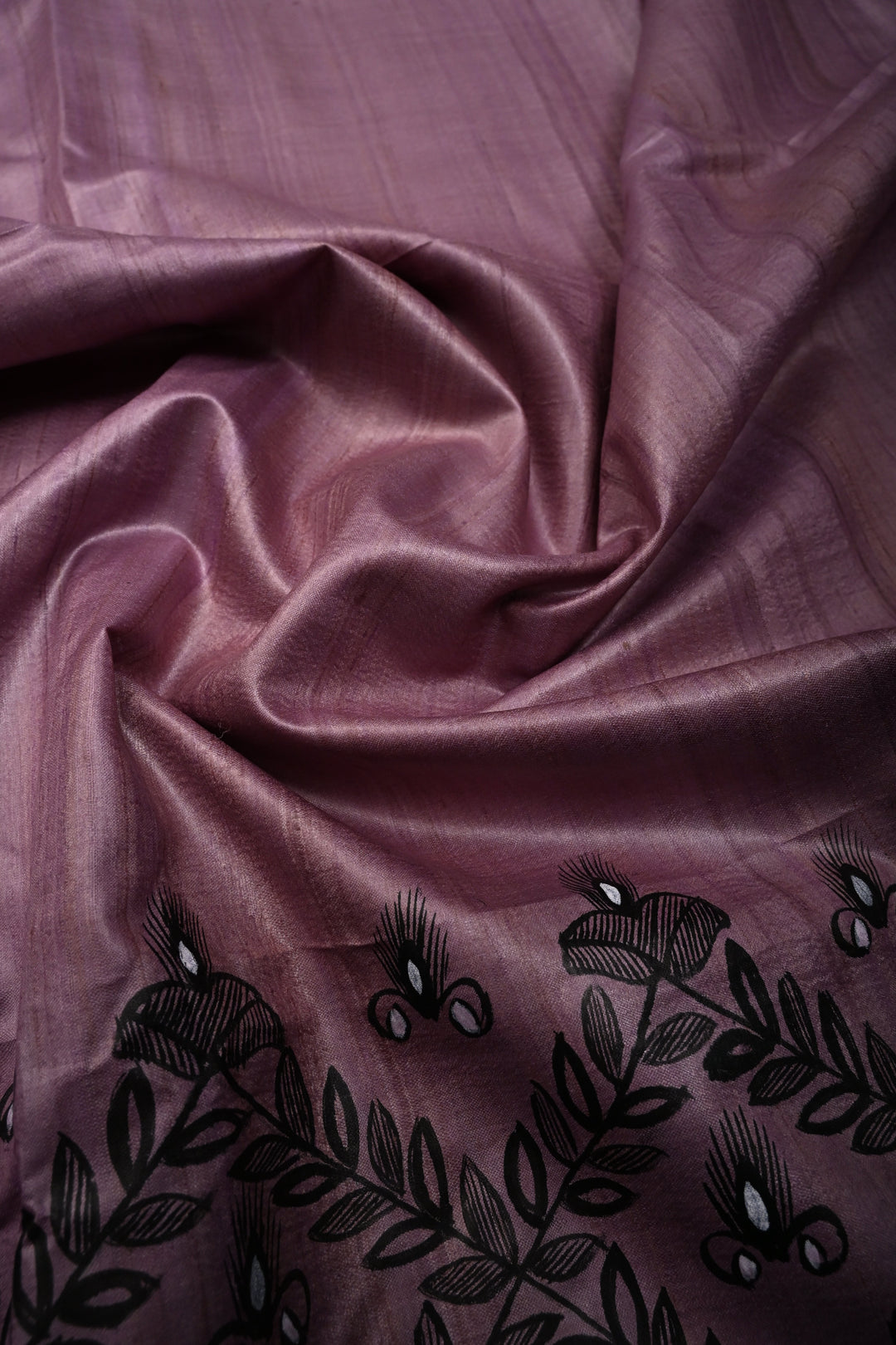 Blush Lavender Handloom Tussar Hand Painted Madhubani Silk Saree with Border   | SILK MARK CERTIFIED | SHOBITAM
