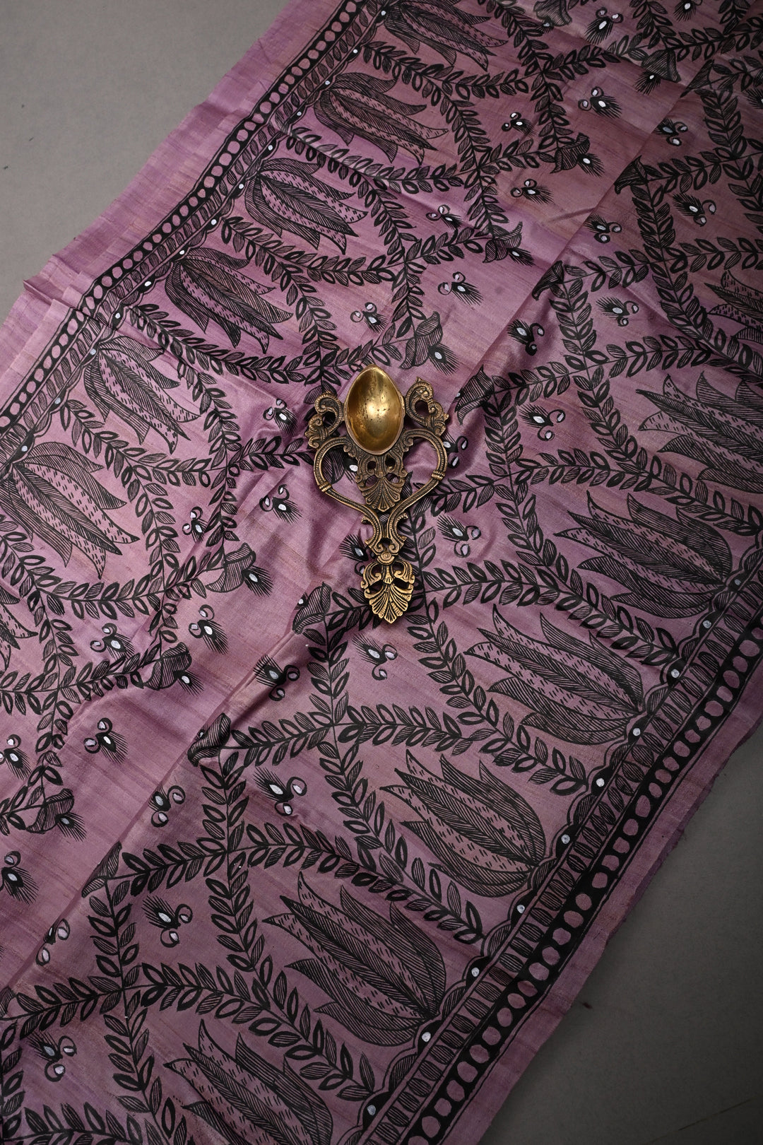 Blush Lavender Handloom Tussar Hand Painted Madhubani Silk Saree with Border   | SILK MARK CERTIFIED | SHOBITAM