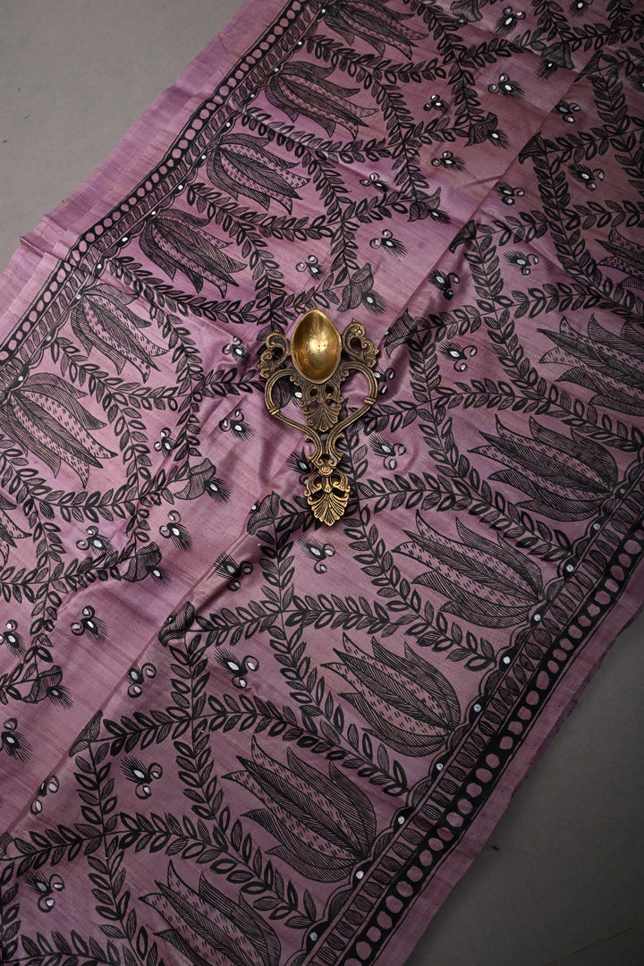 Blush Lavender Handloom Tussar Hand Painted Madhubani Silk Saree with Border   | SILK MARK CERTIFIED | SHOBITAM