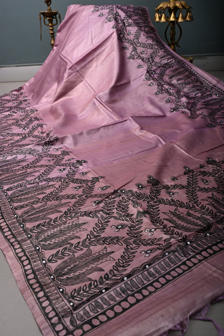 Blush Lavender Handloom Tussar Hand Painted Madhubani Silk Saree with Border   | SILK MARK CERTIFIED | SHOBITAM