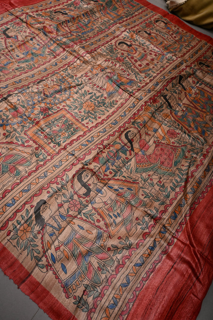 Coral Red Madhubani hand painting on Geecha Tussar Silk Saree | SILK MARK CERTIFIED | SHOBITAM